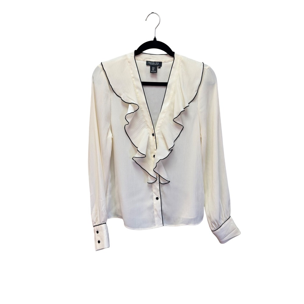 Rachel Zoe Cream Ruffle V-Neck Blouse Black Piping Long Sleeve Top Size XS
